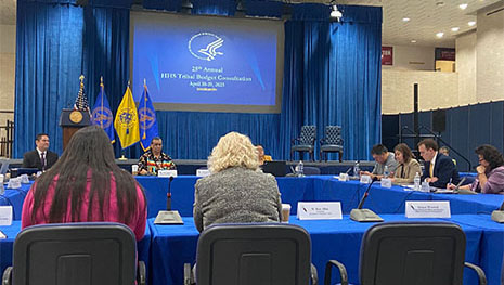 HRSA Chief of Staff Garrett Devenney and Chief Financial Officer Elizabeth DeVoss, seated at the table on the far right, meet with other HHS leaders at a roundtable discussion at the 25th Annual HHS Tribal Budget Consultation meeting.