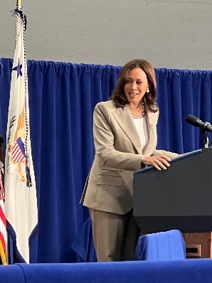 Vice President Kamala Harris speaking at a podium
