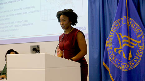 Bureau of Primary Health Care Deputy Associate Administrator Onyeka Anaedozie presents from a podium.