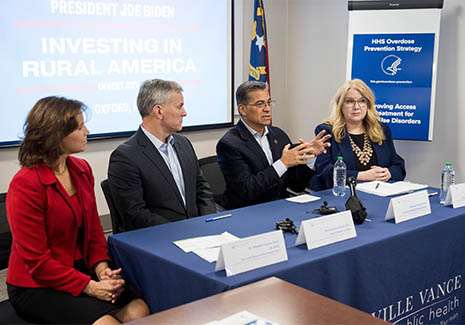HHS Secretary Xavier Becerra, North Carolina Attorney General Josh Stein, North Carolina State Health Director Dr. Elizabeth Tilson, and HRSA Administrator Carole Johnson at a roundtable discussion.