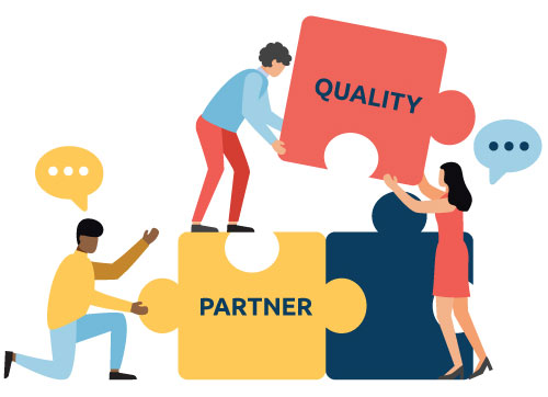 Three people are building a large puzzle. The puzzle pieces say "Quality" and "Partner".