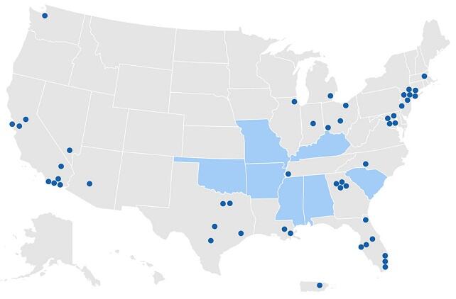 U.S. map highlighted in locations where the initiative will focus