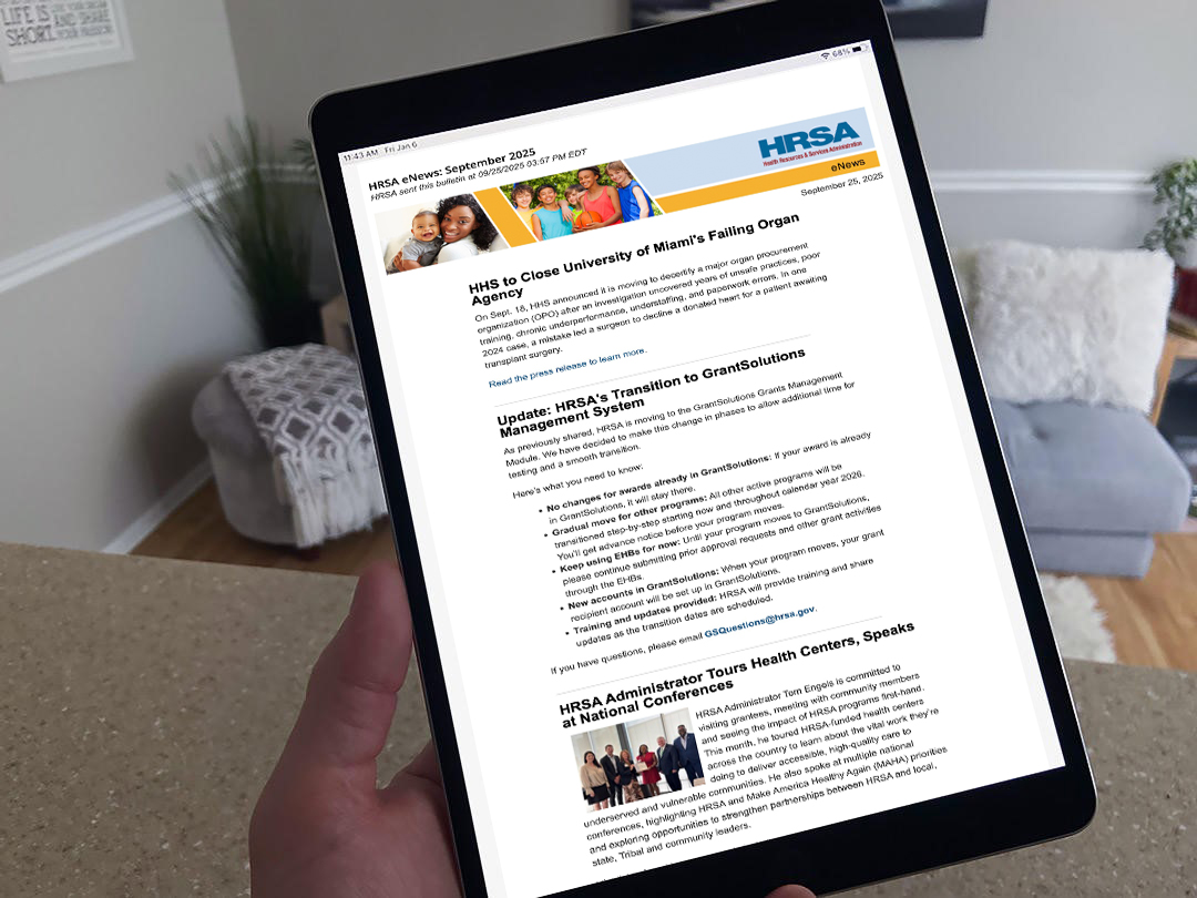 HRSA enews screenshot on table for September 2025