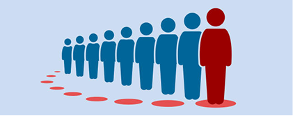 An artistic depiction of people standing in a diagonal line. The person at the front is red, while all others are blue.