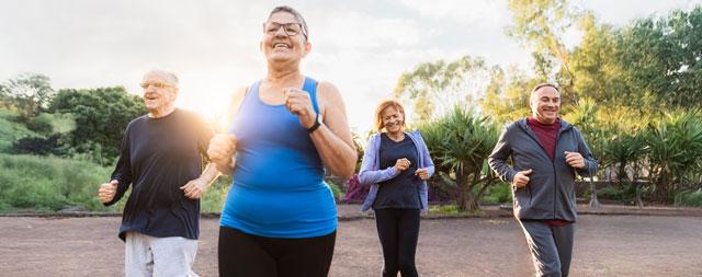A group of adults jogging in a park.