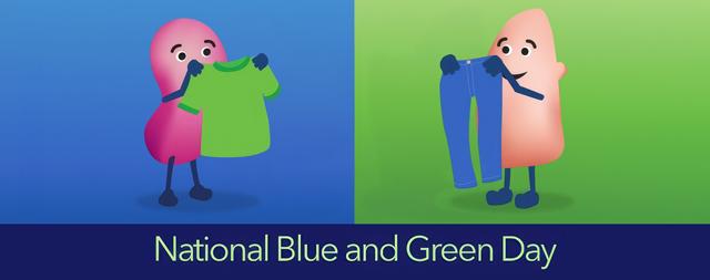 Illustration of a kidney in a blue box holding a green shirt, facing a liver in a green box holding blue pants. Text reads: ‘National Blue and Green Day’. 