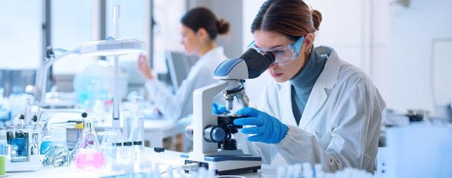 A researcher looking into a microscope. 
